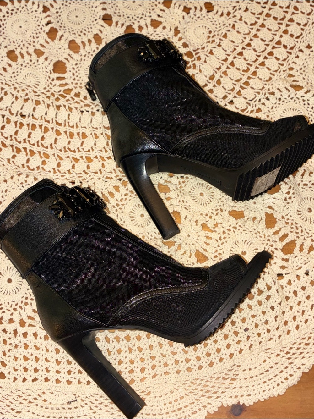 NWOT Karl Lagerfeld Paris Black Mesh Peep-Toe High Heel Booties - Picture 14 of 15